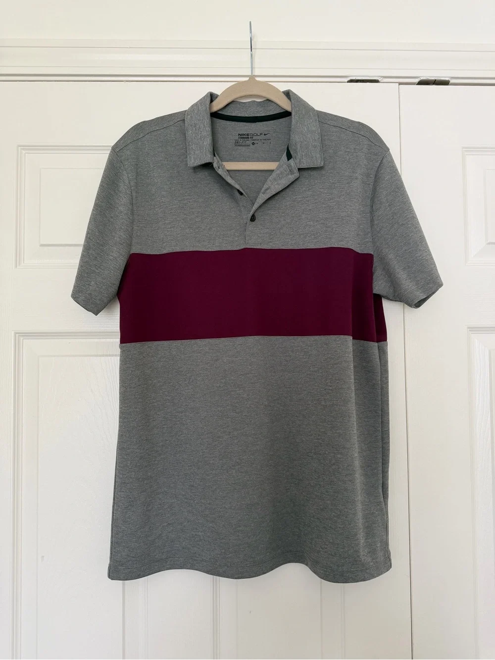 Nike Men's Gray Polo with Burgundy Chest Stripe